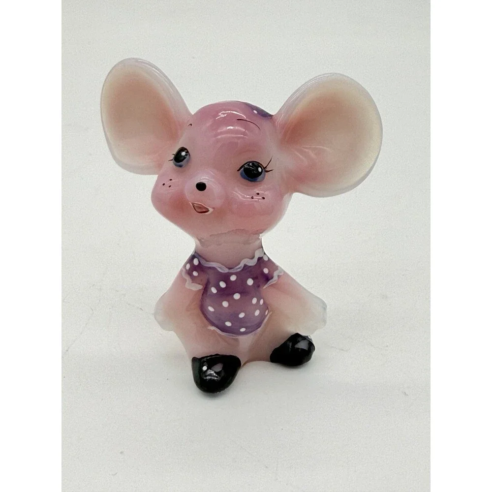 Fenton Art Glass Rosalene Purple Polka Dot Dress Hand Painted Mouse Figurine